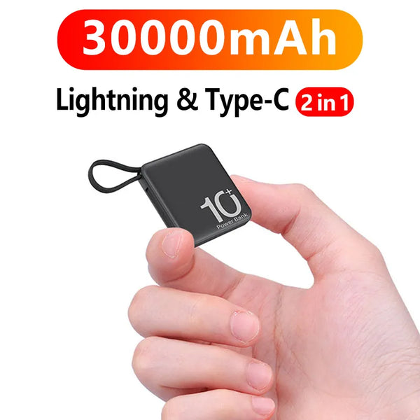 Mini Power Bank 30000mAh Portable External Battery Pack Built in Cable Powerbanks Spare Batteries for iPhone14 Samsung